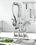 Commercial Kitchen Faucet Heavy Duty Wall Mount Sink Faucet, 8 Inch Center 25 Inch Commercial Kitchen Faucet with Pre-Rinse Sprayer （Grey） and 10 Inch Add-On Spout for 1,2,3 Compartment Sinks