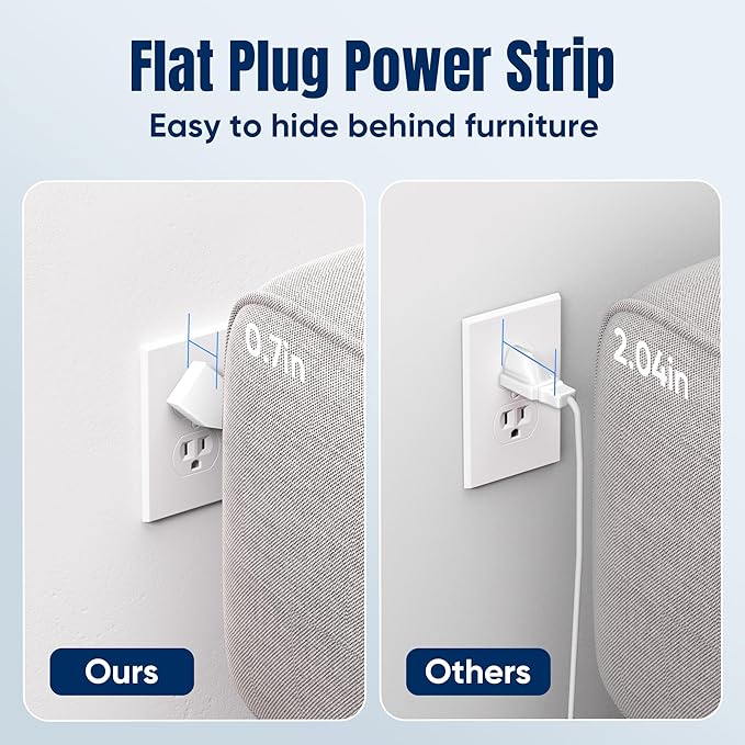 2 Pack 6 FT Flat Plug Surge Protector Power Strip,11 Multiple AC Outlets with 6 USB Ports (2 USB C), 6 Feet Extension Cord, 1250W/10A, One Touch Switch Button, 17 in 1 Compact powerstrip