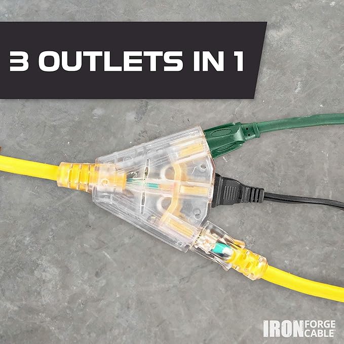 Iron Forge Cable 10 Gauge 50ft Lighted Outdoor Heavy Duty Extension Cord with 3 Outlets - 15 Amp 10/3 SJTW Yellow Extension Cord with Multiple Outlets