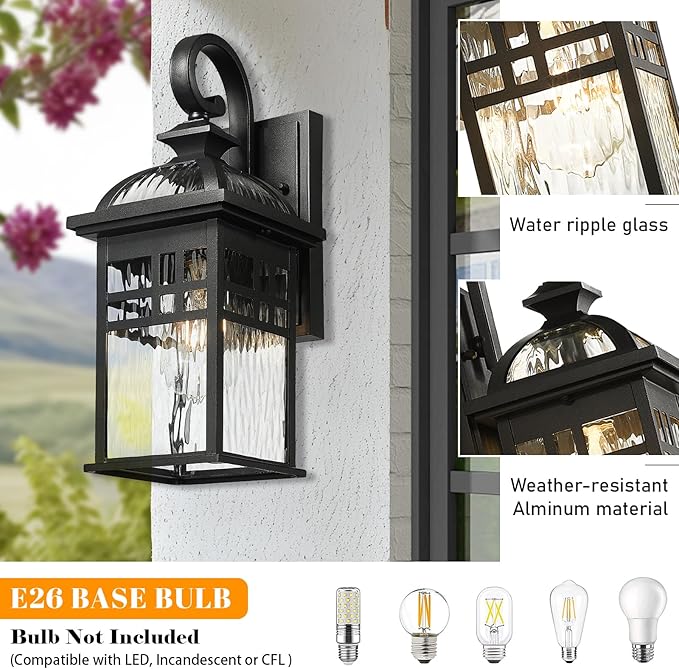 2-Pack Outdoor Wall Lanterns Exterior Waterproof Wall Sconce Light Fixture Black Outdoor Lighting Fixture with Water Ripple Glass Shade Outside Porch Light for Garage Patio and Doorway