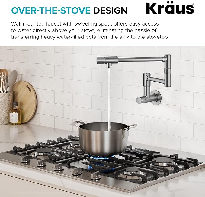 KRAUS Bolden 2 Handle Pot Filler Faucet with Retractable Arm, Wall Mount Kitchen Faucet, Pot Filler for Over Stove in Spot-Free Stainless Steel, KPF-5003SFS