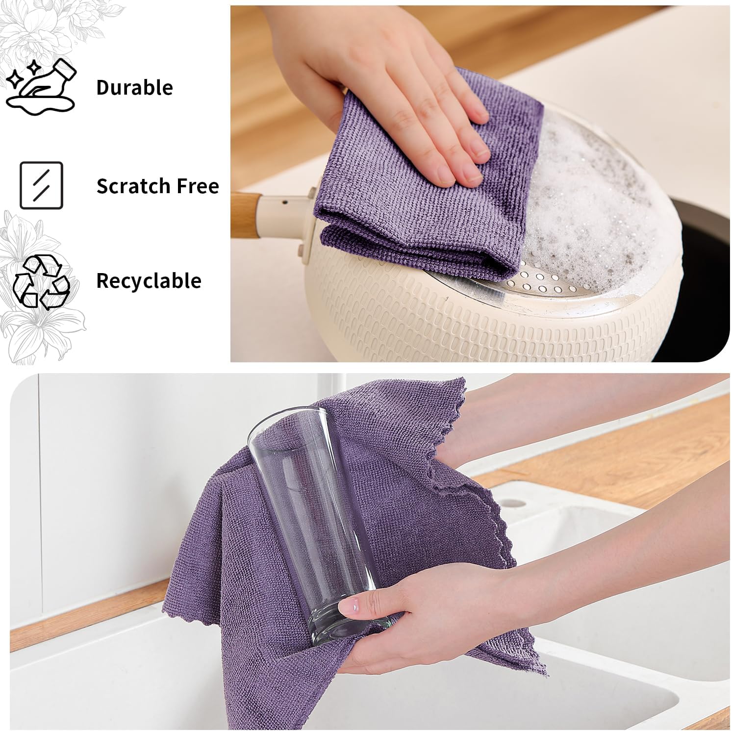 80 Pack Microfiber Cleaning Cloth Roll,Lint Free Rags & Tear Away Reusable Towels Washable Scratch,Ultra Absorbent Dish Rags(12" x 12") for Car Kitchen Home Garage-Dark Purple
