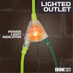 Iron Forge Cable 25 Foot Lighted Outdoor Extension Cord with 3 Outlets - 12/3 SJTW Heavy Duty Light Green Extension Cable 3 Prong - Multiple Outlets