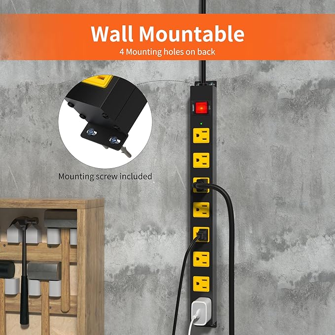 8 Outlet Power Strip 2100J Surge Protector, 8FT Heavy Duty Extension Cord Wide Spaced Outlet and Wall Mount Metal Powerstrip for Home Office Garage Workshop