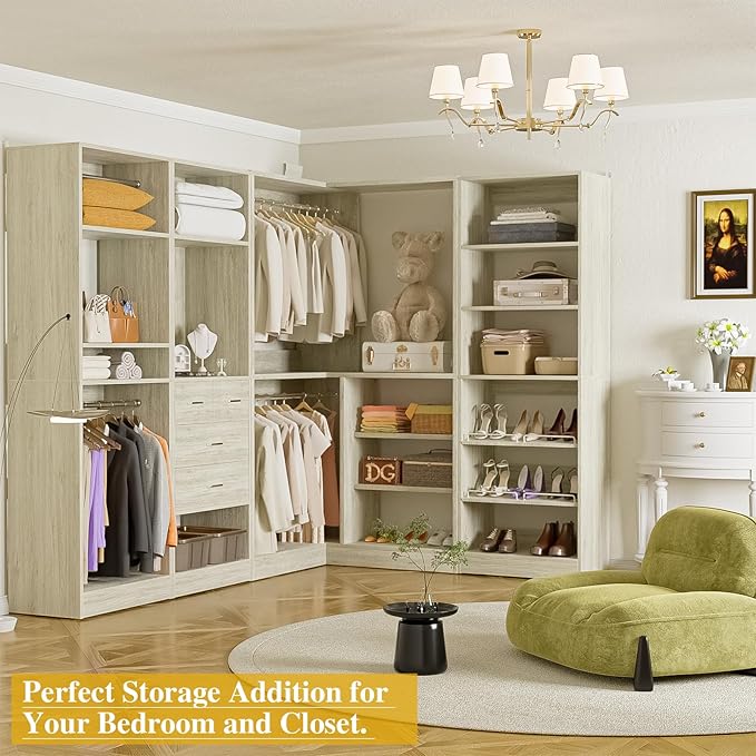 Unikito 110” Closet System with Drawers, 9.3FT Corner Closet Organizer with 4 Hanging Rod, Reversible Large Wood L Shaped Walk in Closets Wardrobe with Shoe Shelves, Set of 4, White Oak