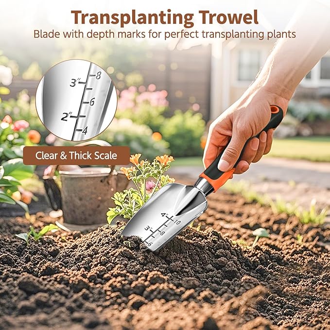 LASZOLA 3 Piece Garden Tool Set Include Hand Trowel Rake and Transplant Shovel for Women, Indoor Heavy Duty Small Spade Kit with Ergonomic Handle to Weed and Loosen, for Mom and Plant Beginner, Orange