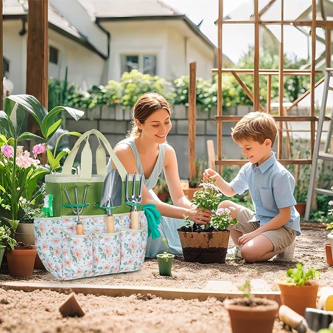 Garden Tool Set with Bag and Gloves, Stainless Steel Gardening Tool Set, Ideal Gardening Gifts for Women and Men, Set of 9