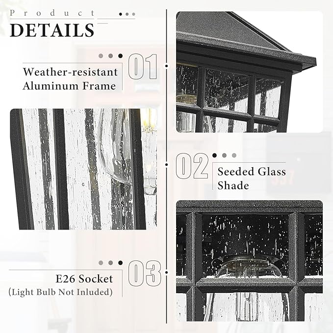 Darkaway Outdoor Wall Lights for House, Exterior Lighting Fixtures Wall Mount Outdoor Porch Lights Waterproof Black Outdoor Sconce Lights with Seeded Glass for Patio Hallway Garage