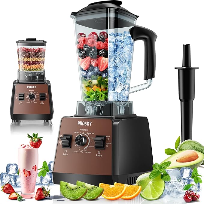 Blender for Smoothies,PRASKY 1000W Blenders for Kitchen,25,000 RPM Powerful Blender 68oz BPA-Free Juicer and Grinder with To-Go Gym Bottle,Countertop Blenders for Ice Crushing,Shakes,Fruits (Brown)