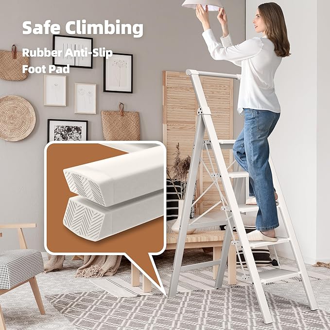 HillhutApex 5 Step Foldable Aluminum Step Ladder with Handgrip, Anti-Slip Pedal, 330 lbs Capacity, Lightweight & Portable for Home, Kitchen, Office, Garage (White)