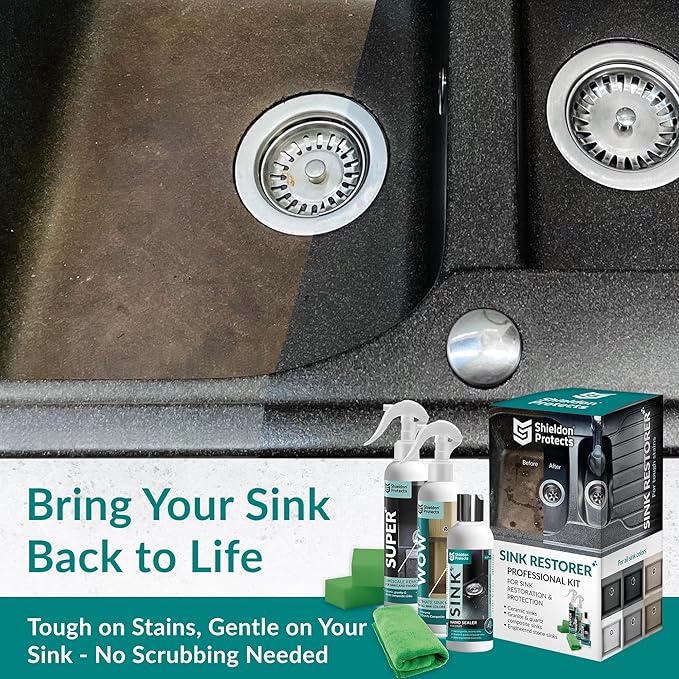 Shieldon Protects Sink Restorer Kit – 3-Step System: Heavy Duty Kitchen Sink Cleaner, Hard Water Stain Remover & Nano Sealer Protector for Granite Composite, Quartz, Porcelain & Ceramic Kitchen Sinks