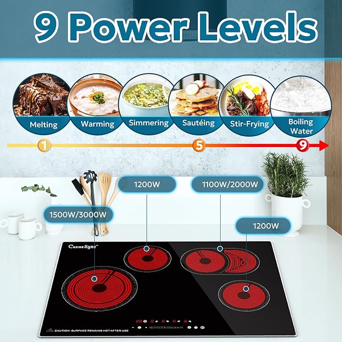 30 Inch Electric Cooktop 4 Burner 7400W Ceramic Stove, Built-in Electric Stove Top with Full Metal Frame Protection, Timer, Safety Lock, Pause, Dual Ring, 220V Hard Wired