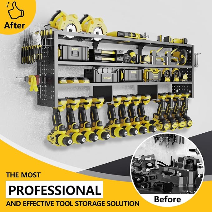 49" W Large Power Tool Organizer Wall Mount, 4 Layer Heavy Duty Metal Tool Storage Rack with 12 Drills Holder, Utility Racks for Garage Workshop, Ideal Garage Organization