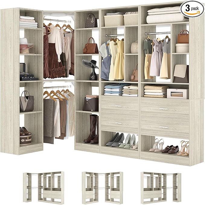 Large Corner Closet System with 3 Sets, 87.2" Closet Organizer System with 4 Drawers & 4 Hanging Rods, Reversible L Shaped Walk-in Closets, Load 2000+LBS, White Oak (87.2" L x 39.2" W x 80" H)