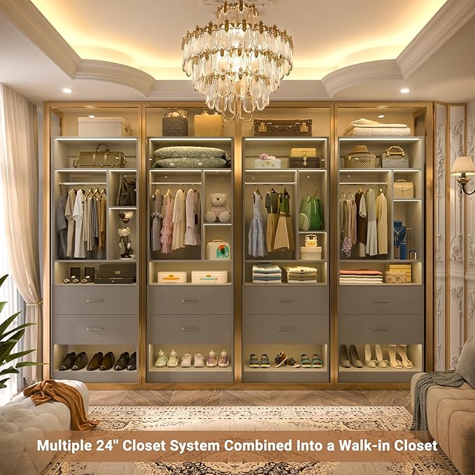 4FT Closet System with 4 Wood Drawers, 48" Closet Organizer System with 10+ Small Shelves & 2 Hanging Rods, Walk-in/Nursery Closet Systems, Set of 2, Grey (48" L x 15" W x 80" H)