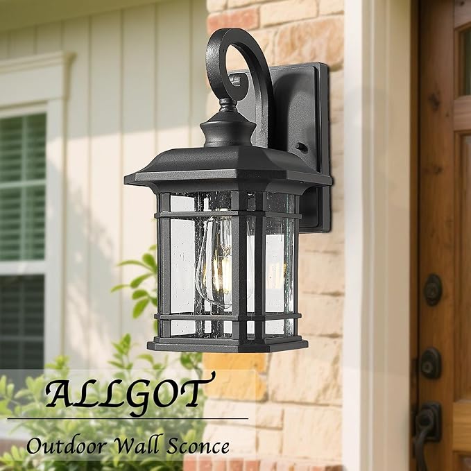 ALLGOT Exterior Wall Sconce, Outdoor Waterproof Wall Mount Light Fixture, Anti-Rust Matte Black Finish Outdoor Lighting Fixture with Seeded Glass Lampshade (Black, 12.48 Inch Height)