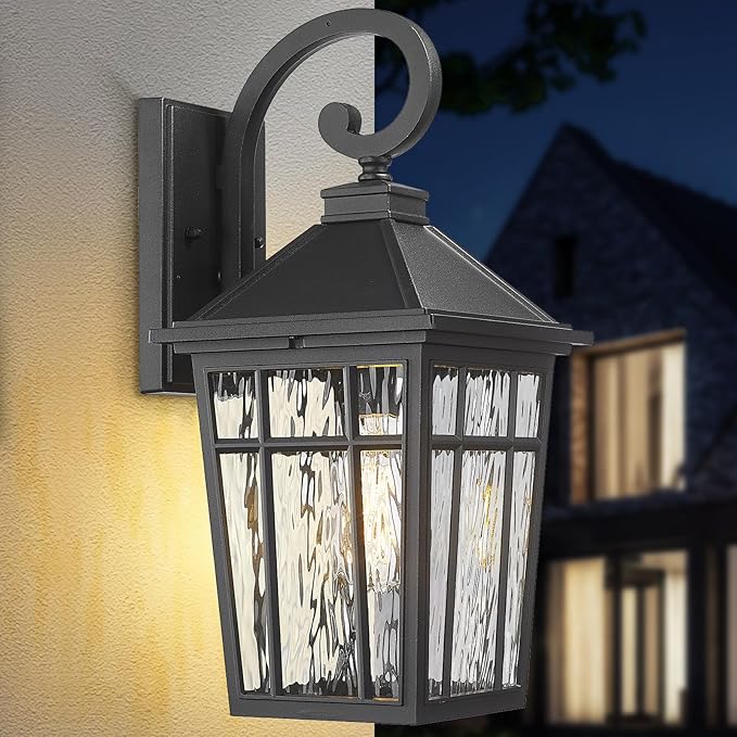 Darkaway Large Outdoor Wall Lights for House, 18inch Exterior Lighting Fixtures Wall Mount Outdoor Porch Lights Waterproof Black Outside Sconce Lights with Water Ripple Glass for Patio Hallway Garage