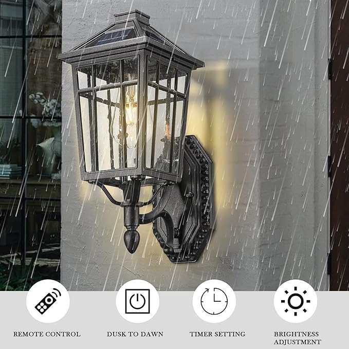 Darkaway Solar Outdoor Wall Lights, Dusk to Dawn Outside Wall Sconce Lighting with Remote, Black Exterior Light Fixture for House Porch Yard Hallway Doorway Garage