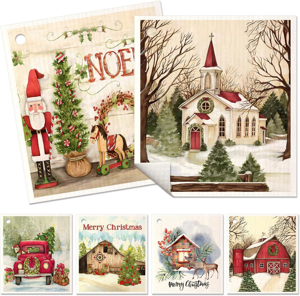 6 Pack Christmas Swedish Dishcloths for Kitchen - Reusable Dish Cloths for Washing Dishes Absorbent Cute Holiday Kitchen Towels Cleaning Sponge, Xmas Theme