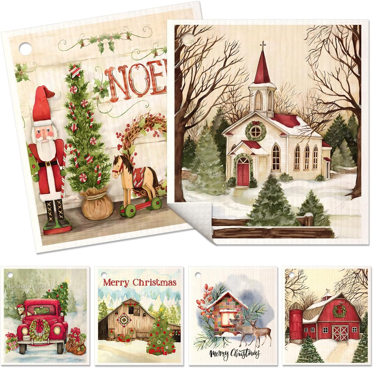 6 Pack Christmas Swedish Dishcloths for Kitchen - Reusable Dish Cloths for Washing Dishes Absorbent Cute Holiday Kitchen Towels Cleaning Sponge, Xmas Theme