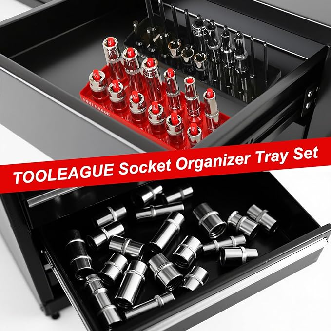 TOOLEAGUE 9Pcs Socket Organizer Tray and Magnetic Wrench Holder Set,Red SAE & Black Metric, 1/2", 1/4", 3/8" Socket Storage Trays for Tool Box Drawer