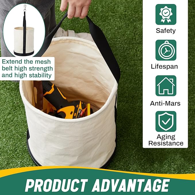 1 Pack Utility Canvas Tool Bucket 15" x 12" All Purpose Canvas Bucket Bag, Truck Tool Organizer with Plastic Bottom Metal Hook for Store Work Accessory, Load Capacity up to 150 Lbs (White)