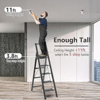 GameGem 5 Step Ladder Folding Step Stool Stepladders with Anti-Slip and Wide Pedal for Home and Kitchen Use Space Saving (Black)