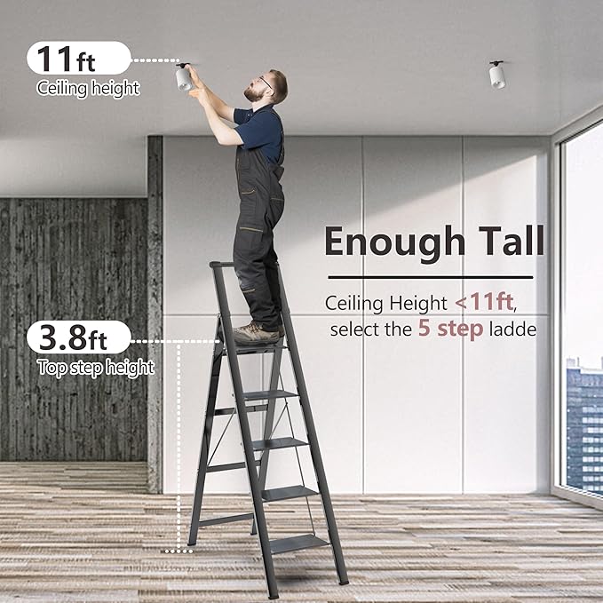 GameGem 5 Step Ladder Folding Step Stool Stepladders with Anti-Slip and Wide Pedal for Home and Kitchen Use Space Saving (Black)