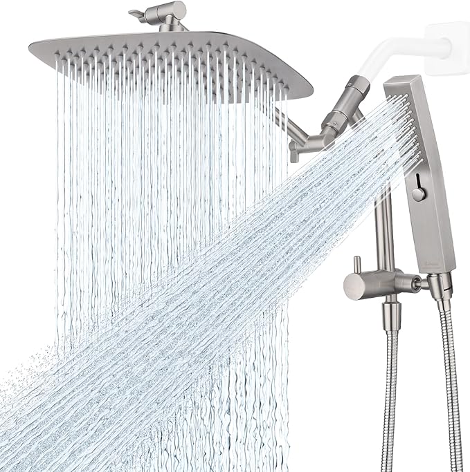 G-Promise All Metal 10 Inch Shower Head with Massage Mode Handheld, Rain Shower Head with Handheld Spray Combo, 3-Way Diverter with Pause Setting, 11 Inch Adjustable Extension Arm (Brushed Nickel)