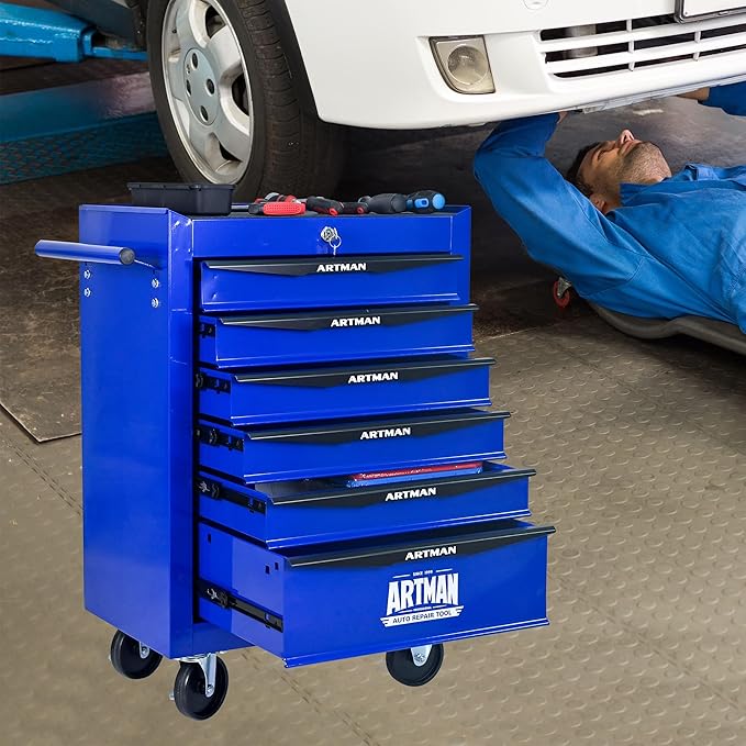 6 Drawers Rolling Tool Box on Wheels, Multifunctional Tool Chest Cabinet with Lock, Drawers Rolling Tool Cart Trolley Organizer Tool Storage Case for Warehouse,Garage,Workshop (Blue)