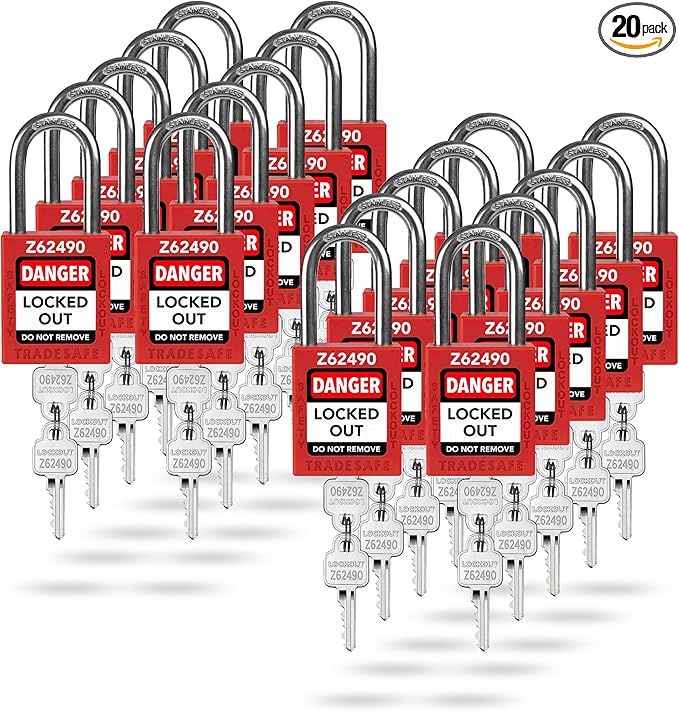 TRADESAFE Lockout Tagout Locks Set - 20 Red Keyed Alike Padlocks, 2 Keys Per Lock, OSHA Compliant Loto Locks for Lock Out Tag Out Stations, Premium Grade