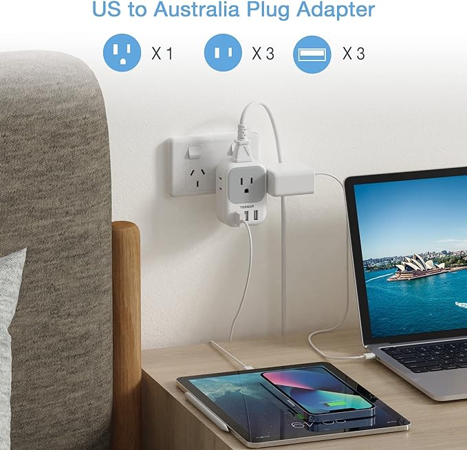 TESSAN Australia Power Plug Adapter, US to New Zealand Power Adapter with 4 American Outlets 3 USB Charger, Type I Travel Adaptor for USA to Australian, China, AU, Argentina, Fiji, Cook Islands, Samoa
