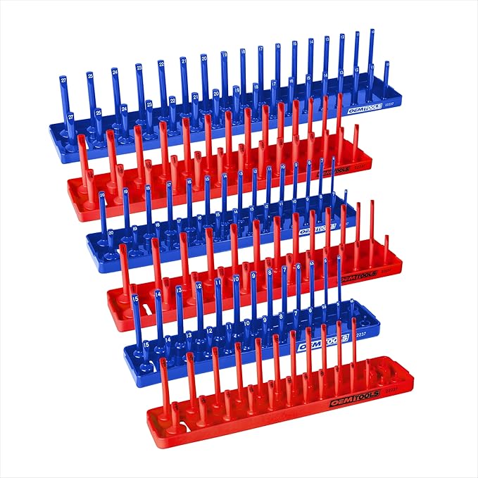 OEMTOOLS 22237 6 Piece SAE and Metric Socket Tray Set, SAE and Metric Socket Storage for Sizes 1/4", 3/8”, and 1/2" Drive, Socket Holders and Socket Organizer Tray for Toolbox, Red and Blue