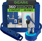 GEARit 360 Rotating Flat Plug Extension Cord with 3 Outlets (25ft, Navy) 16AWG/13A 3 Prong Wire, Outlet Saver for Home Office Dorm Room Essentials, ETL Certified