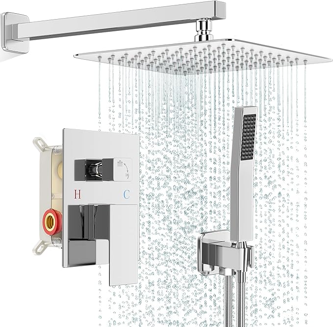Shower Faucet Set Bathroom Square Rain Shower Head and Handle Set, Wall Mounted Shower Fixtures, Full Metal Trim Repair Kit 12 inch Polished Chrome (With Shower Valve)