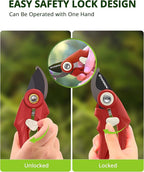 Pruning Shears - 6.9" Professional Garden Shears with SK5 Stainless Steel Sharp Blades, Garden Clippers with Comfortable Grip Hands and Safety Lock, Gardening Tools for Men Women - Red