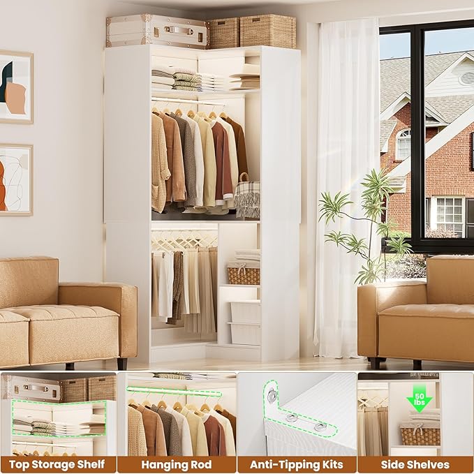 Aheaplus Corner Closet System With Shelves, 34'' Organizer With Hanging Rods, Wood Walk-in for Small Space, Freestanding Tower, L Shaped Garment Rack, White