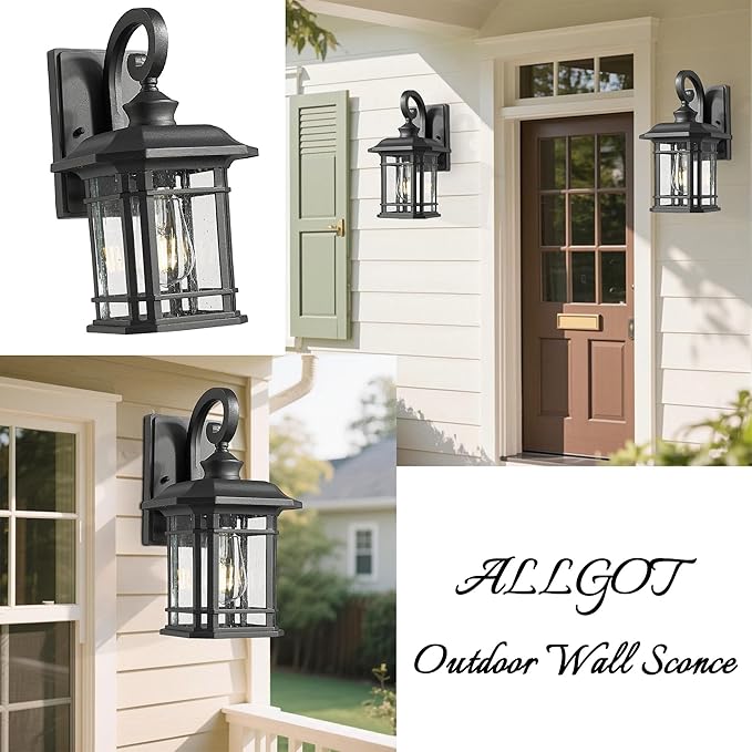 ALLGOT Exterior Wall Sconce, Outdoor Waterproof Wall Mount Light Fixture, Anti-Rust Matte Black Finish Outdoor Lighting Fixture with Seeded Glass Lampshade (Black, 12.48 Inch Height)