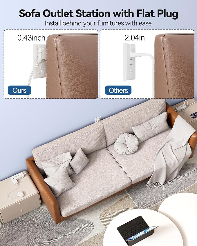 Split Extension Cord 10FT (5FT on Each Side), Single Flat Plug Twin Extension Cord with 4 AC Outlets, 2 USB-A & 3 USB-C(24W/4.8A), Nightstand Charging Station for Bedroom Dorm Room Home, His and Hers