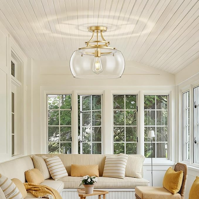 Industrial Round Chandelier Rustic Ceiling Light Fixture Farmhouse Pendant Light with Clear Glass Shade for Dining Room Hallway Entryway Kitchen Bedroom, Gold