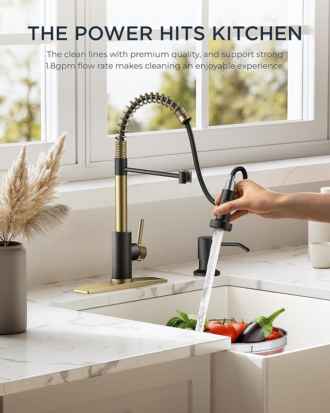 FORIOUS Kitchen Faucet with Pull Down Sprayer, Stainless Steel Commercial Single Handle Classic Spring Pull Out Sink Faucet for Pot Filler, Farmhouse Camper Bar Laundry Room, Black Gold