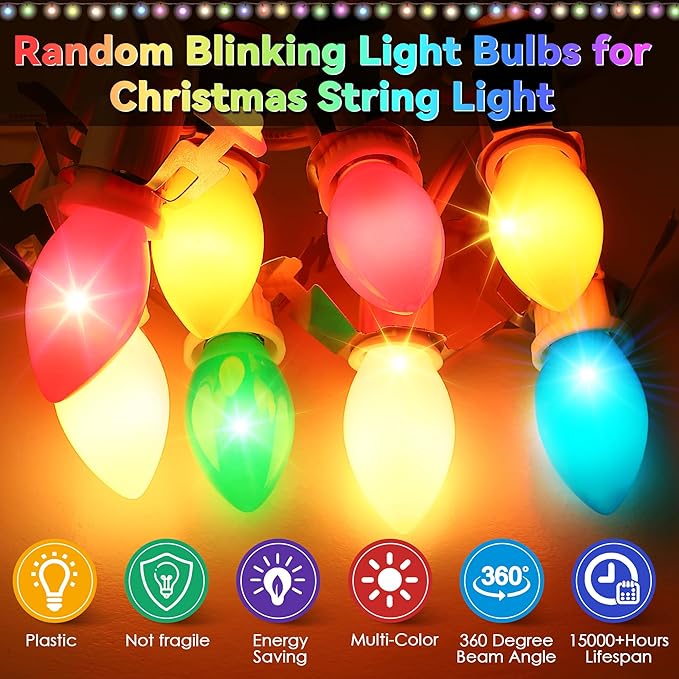 25 Pack Twinkle Christmas Replacement Bulbs, 7W Random Blinking Light Bulbs for Christmas String Light, Nightlights(Multicolor,C7,E12 Intermediate Base)