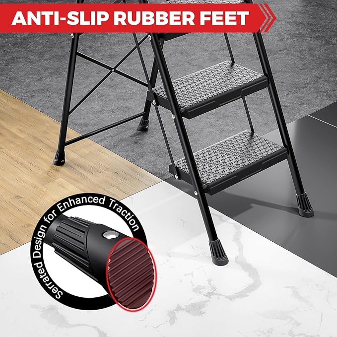 KINGRACK 3 Step Ladder, Sturdy Step Stool with Handrail, Wide Anti-Slip Pedals, 800lbs Max Load Capacity, Folding Step Stool for Home, Kitchen, Black