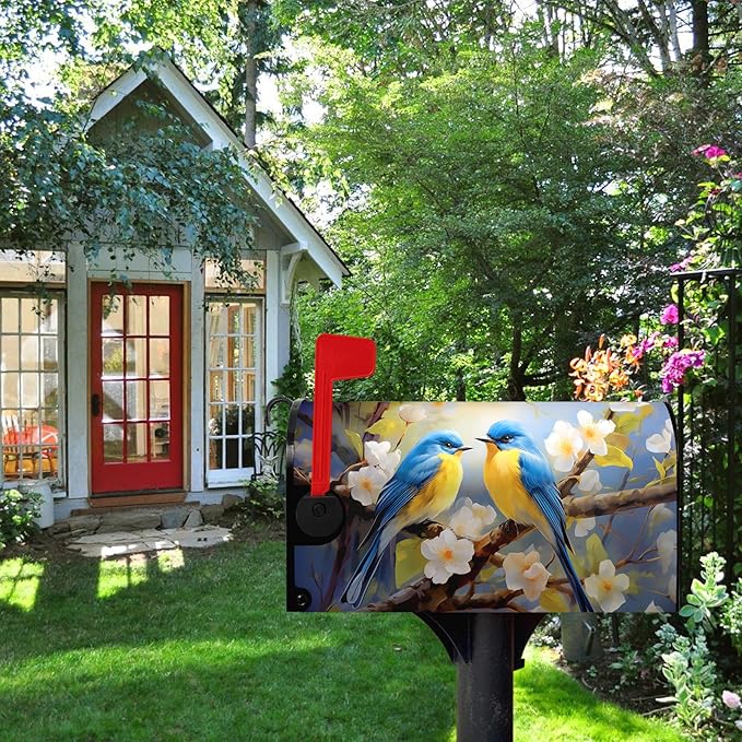 Summer Bird Floral Mailbox Covers Magnetic Spring Bluebirds Flower Mailbox Cover Standard Size 21x18 Inch Mailbox Wraps Outdoor Decoration Post Letter Box Cover for Garden Yard