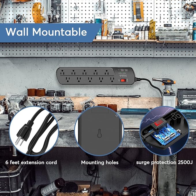 Extension Cord with Multiple Outlets, Surge Protector Power Strip with USB, 6ft Power Cord, 10 Wide Outlets, 2 USB+1 USB C Fast Charging Ports, Wall Mount, Heavy Duty, Home, Office Accessories