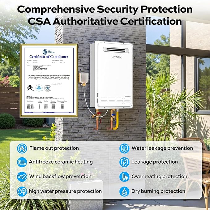 Natural Gas Tankless Water Heater - ORBEK 120,000 BTU Up to 5.1 GPM Outdoor Installation - CSA Certified On-Demand Instant hot Water Heater 3/4" NPT Connector Size