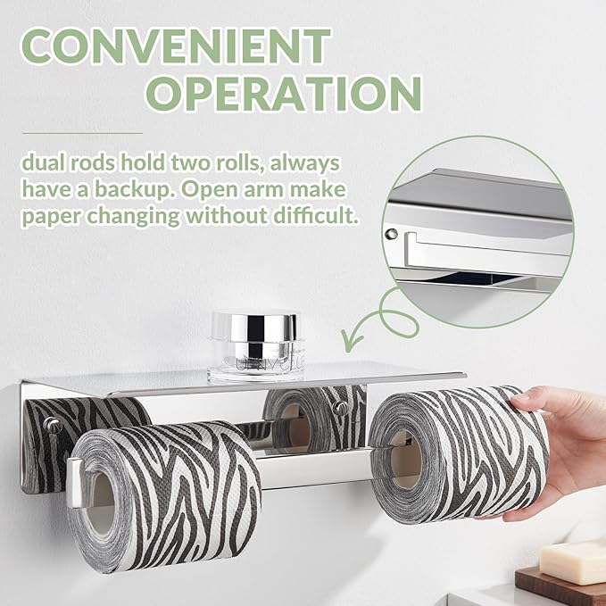 APLusee Double Toilet Paper Holder with Phone Shelf, 304 Stainless Steel Bathroom Tissue Hanger, Wall Mounted Dual Roll Paper Dispenser, Polished Chrome