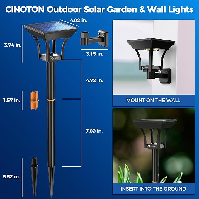 CINOTON 2-in-1 Solar Pathway Lights Outdoor with 4 Lighting Modes, IP65 Waterproof LED Solar Powered Wall Lights for Garden Yard Patio Lawn Porch Walkway Backyard Driveway, Warm & Cold White 4 Pack