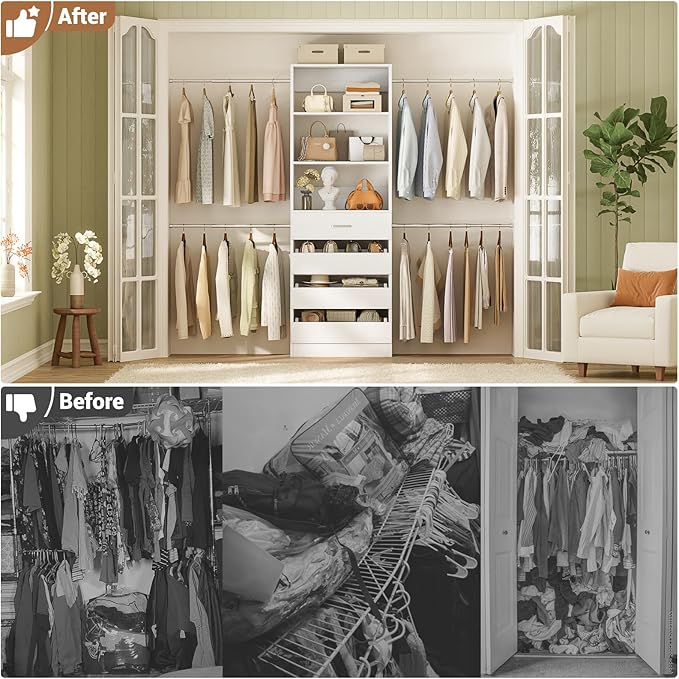 Aheaplus 4-9Ft Closet System, Closet Organizer with 4 Wooden Drawers, Wood Closet Organizer System with Tower, Walk-in Closet Organizer Wardrobe and Storage with 4 Hanging Rods, 11White