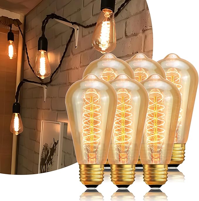 Edison Light Bulb 60W 6 Pack, ST64 Vintage E26 Incandescent Light Bulbs, 2200K Warm Dimmable Amber Spiral Filament, Antique Style Retro Glass Decorative Bulb for Table Lamp Home Office